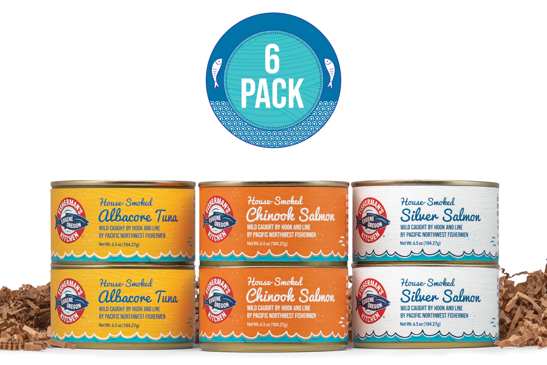 Fisherman's Kitchen Canned smoked Chinook Salmon Silver Salmon and Albacore Tuna. First Mate Gift Box.
