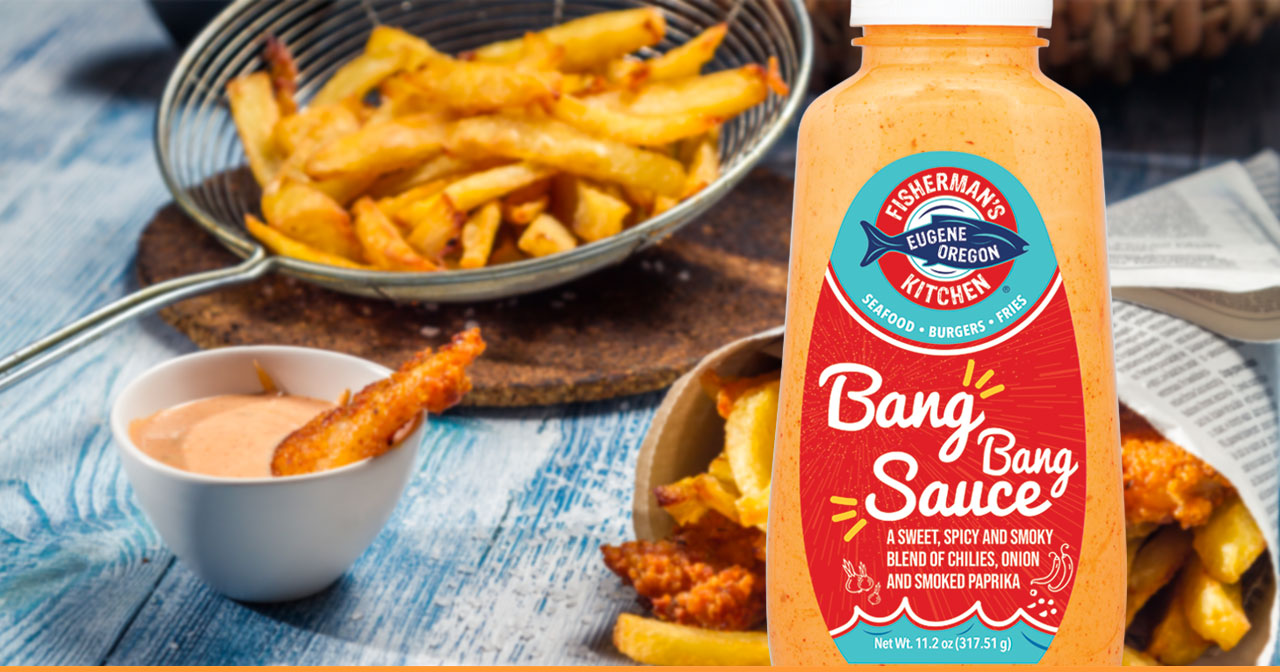 Fishermans Kitchen Bang Bang Sauce with fish and chips